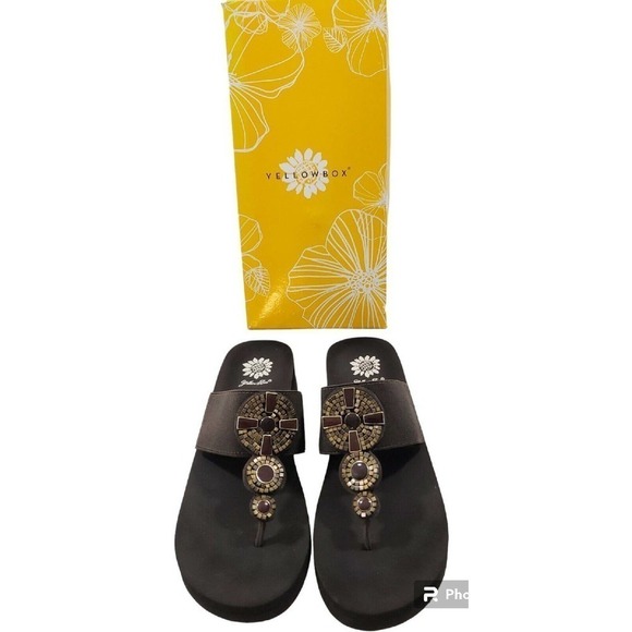 Yellow Box ~Woman 8.5 M~ Brown Flip Flops Wedge Jeweled Sandals 30189 NEW. - Picture 3 of 12